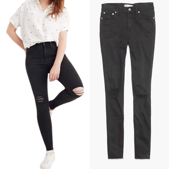 Madewell 9" Mid-Rise Skinny Jeans in Black Sea Distressed Raw Hem Size 26 - Picture 1 of 10
